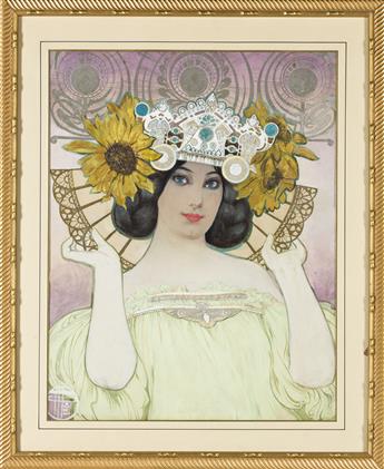 MANUEL ORAZI (1860-1934) Art Nouveau Woman with Sunflower Headdress. * Art Nouveau Woman Holding Kettle. [POSTERS]